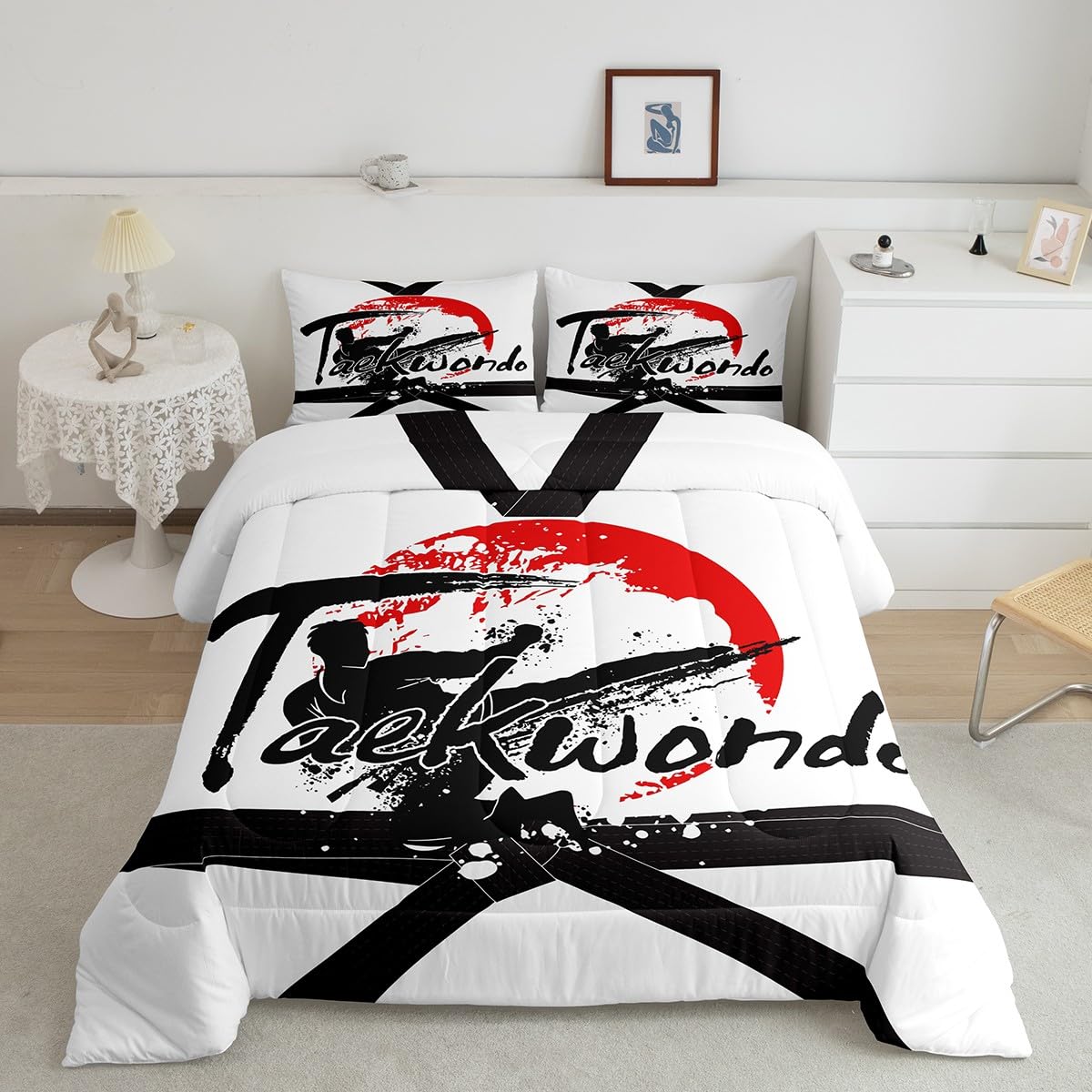 Boys Taekwondo Comforter Set For Bedroom Living Room,Kids Teens Japanese Sports Bedding Comforter Sets Twin All Season,Black Whi